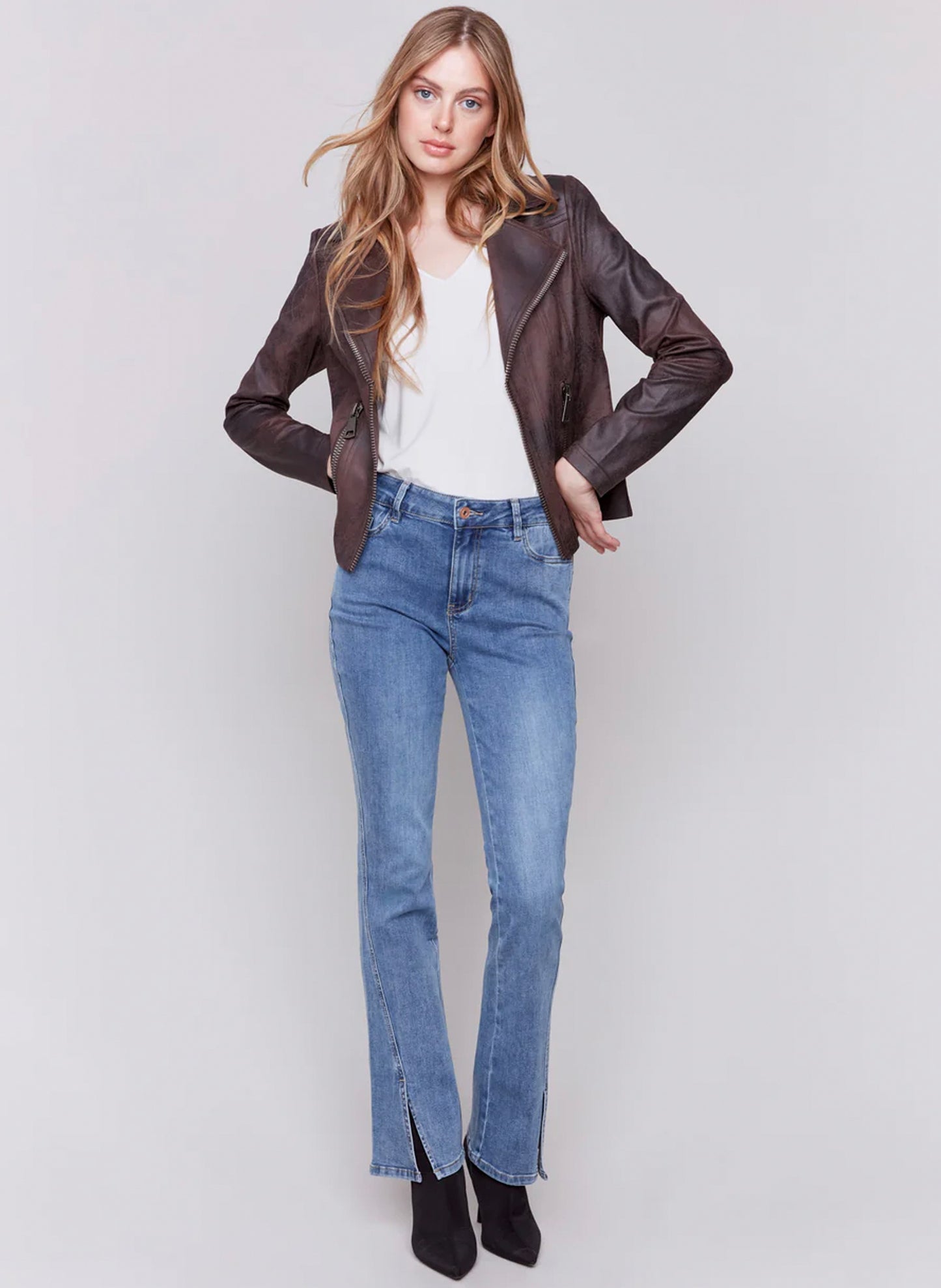 Charlie B Charlie B - Faux Leather Moto Jacket - Mocha available at The Good Life Boutique