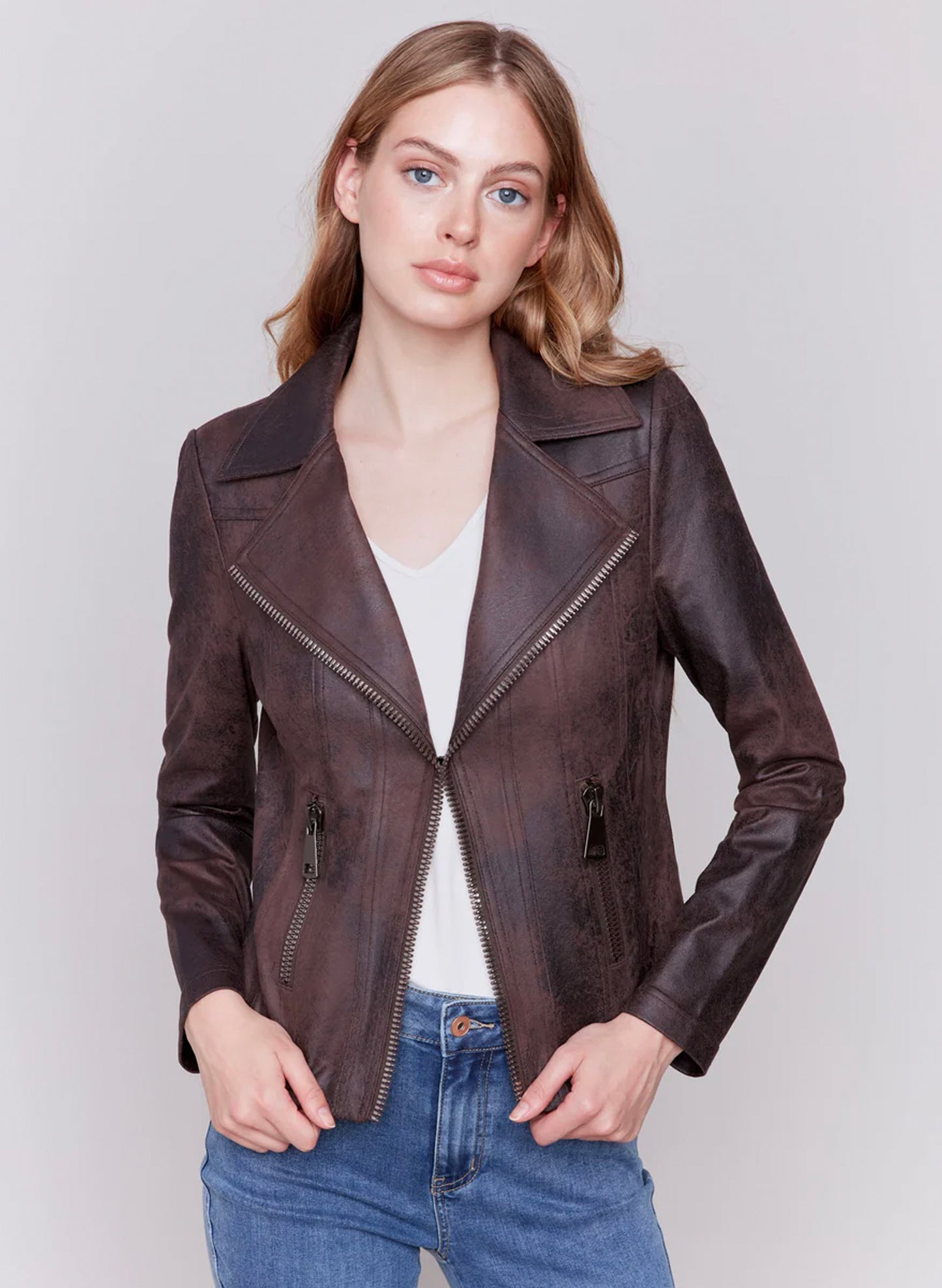 Charlie B Charlie B - Faux Leather Moto Jacket - Mocha available at The Good Life Boutique