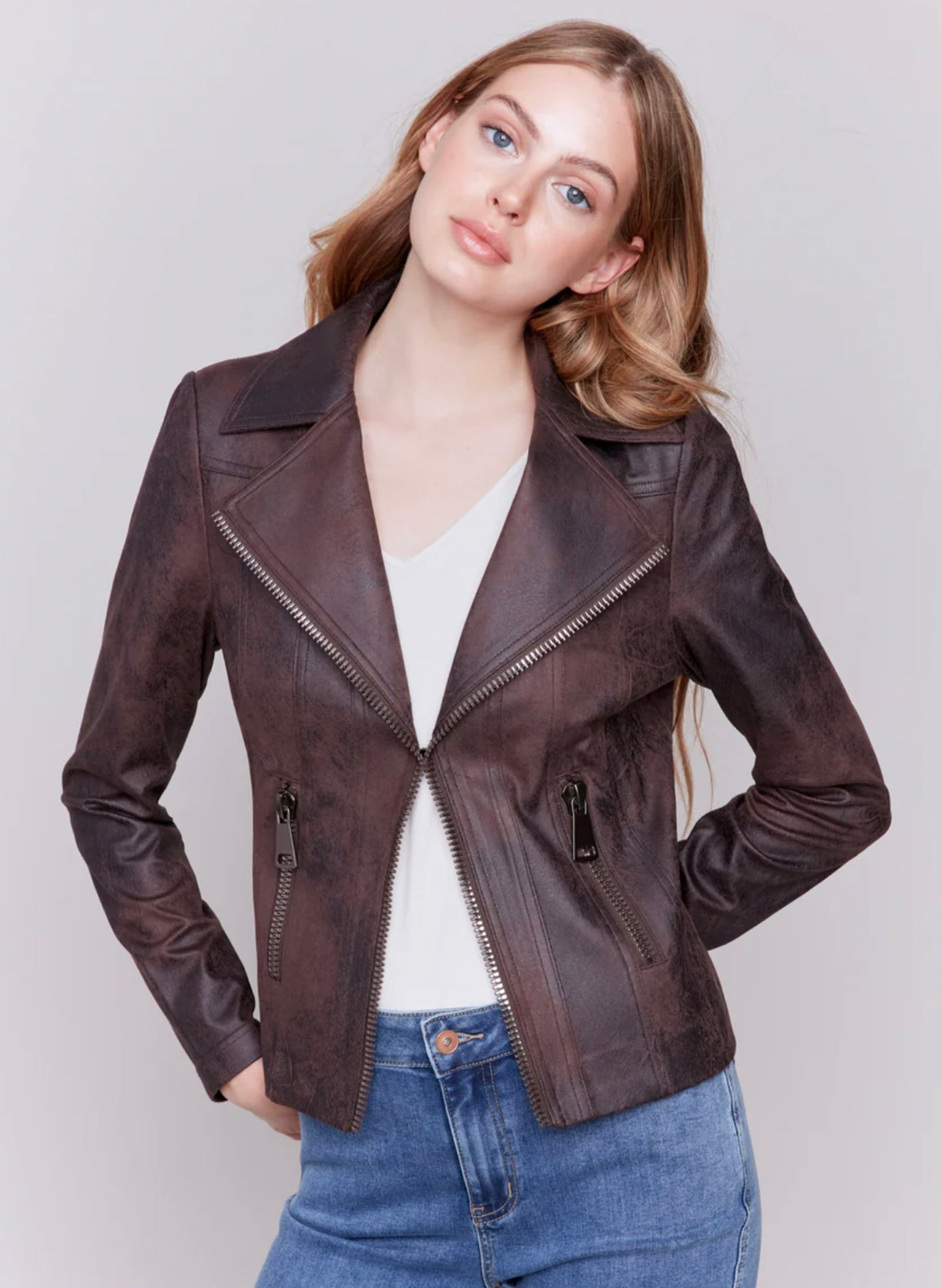 Charlie B Charlie B - Faux Leather Moto Jacket - Mocha available at The Good Life Boutique