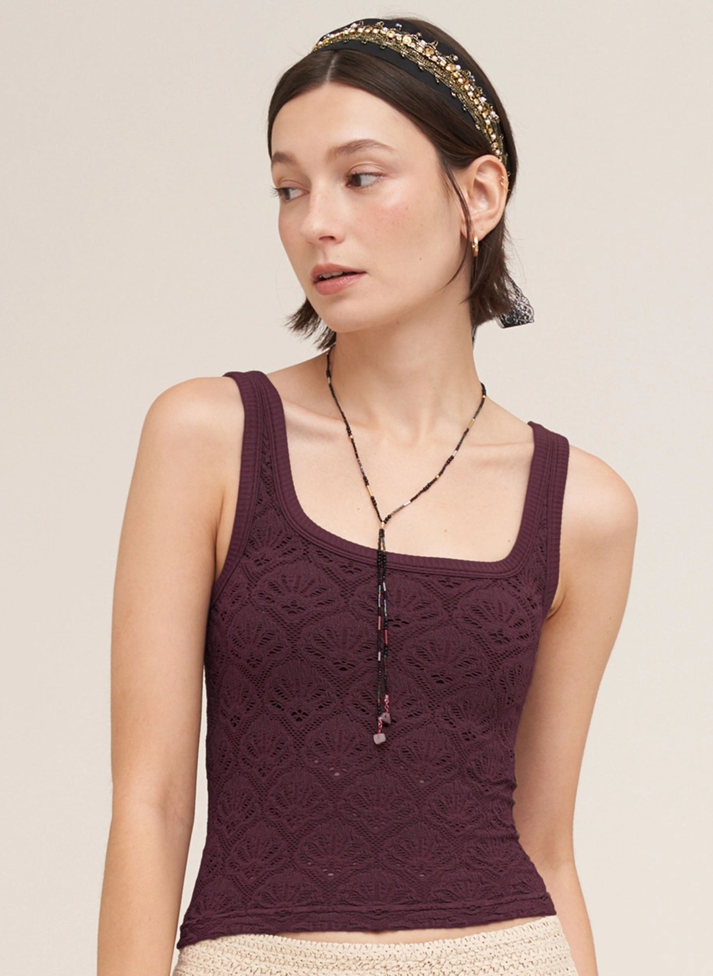 Floral Textured Lace Tank - One Size - Raisin