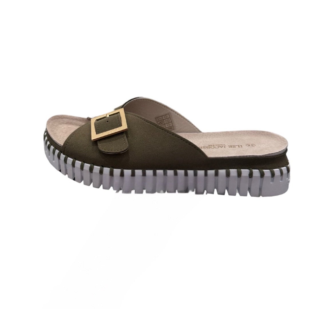 Lines of Denmark Ilse Jacobsen Tulip One Buckle W/White Sole - Deep Olive available at The Good Life Boutique