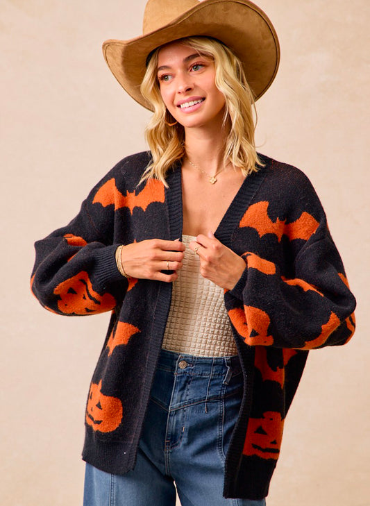 Halloween Pumpkin Bat  Cardigan - Black/Orange