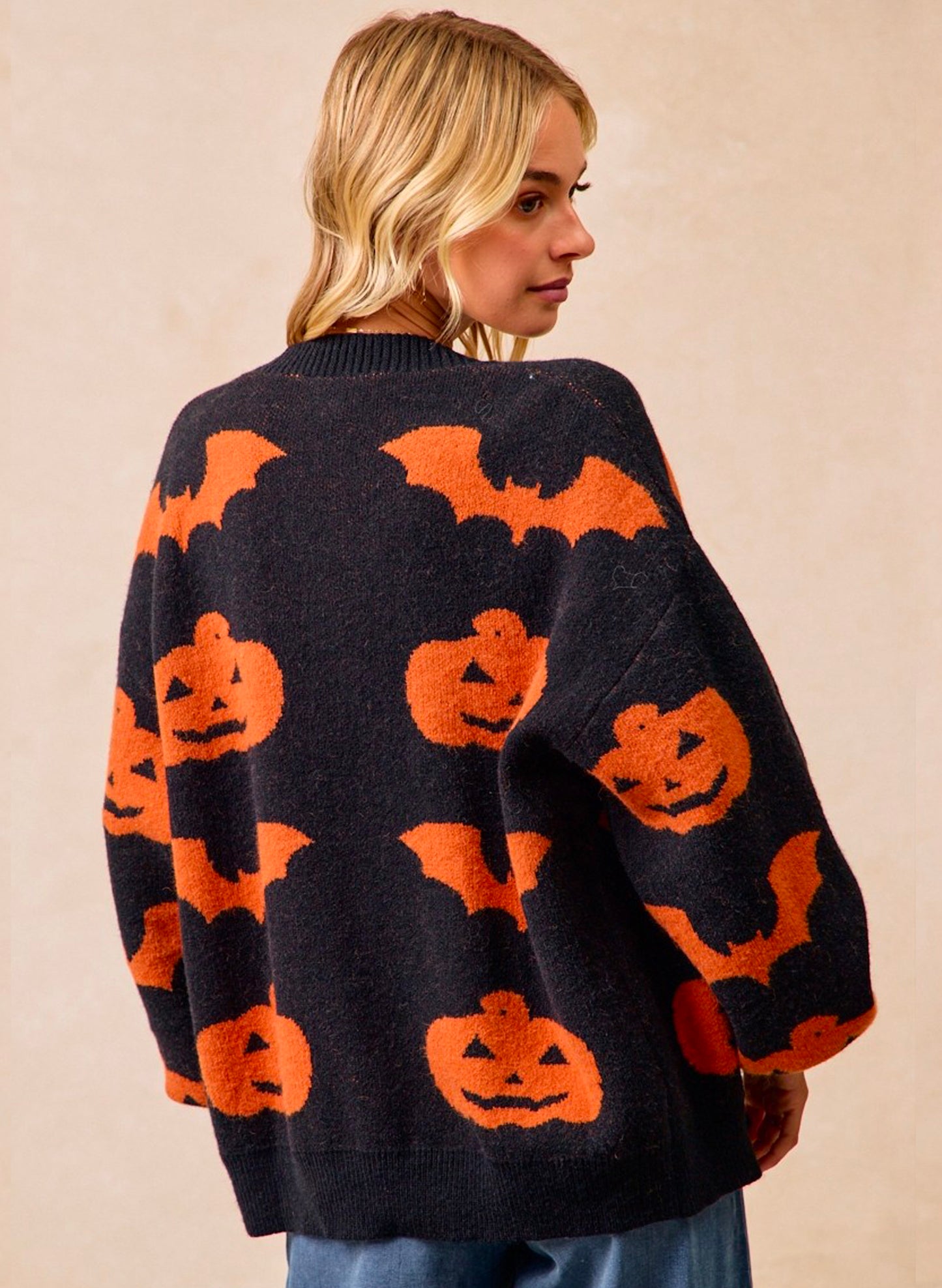 Halloween Pumpkin Bat  Cardigan - Black/Orange