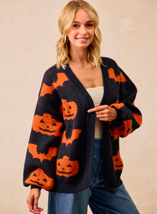 Halloween Pumpkin Bat  Cardigan - Black/Orange
