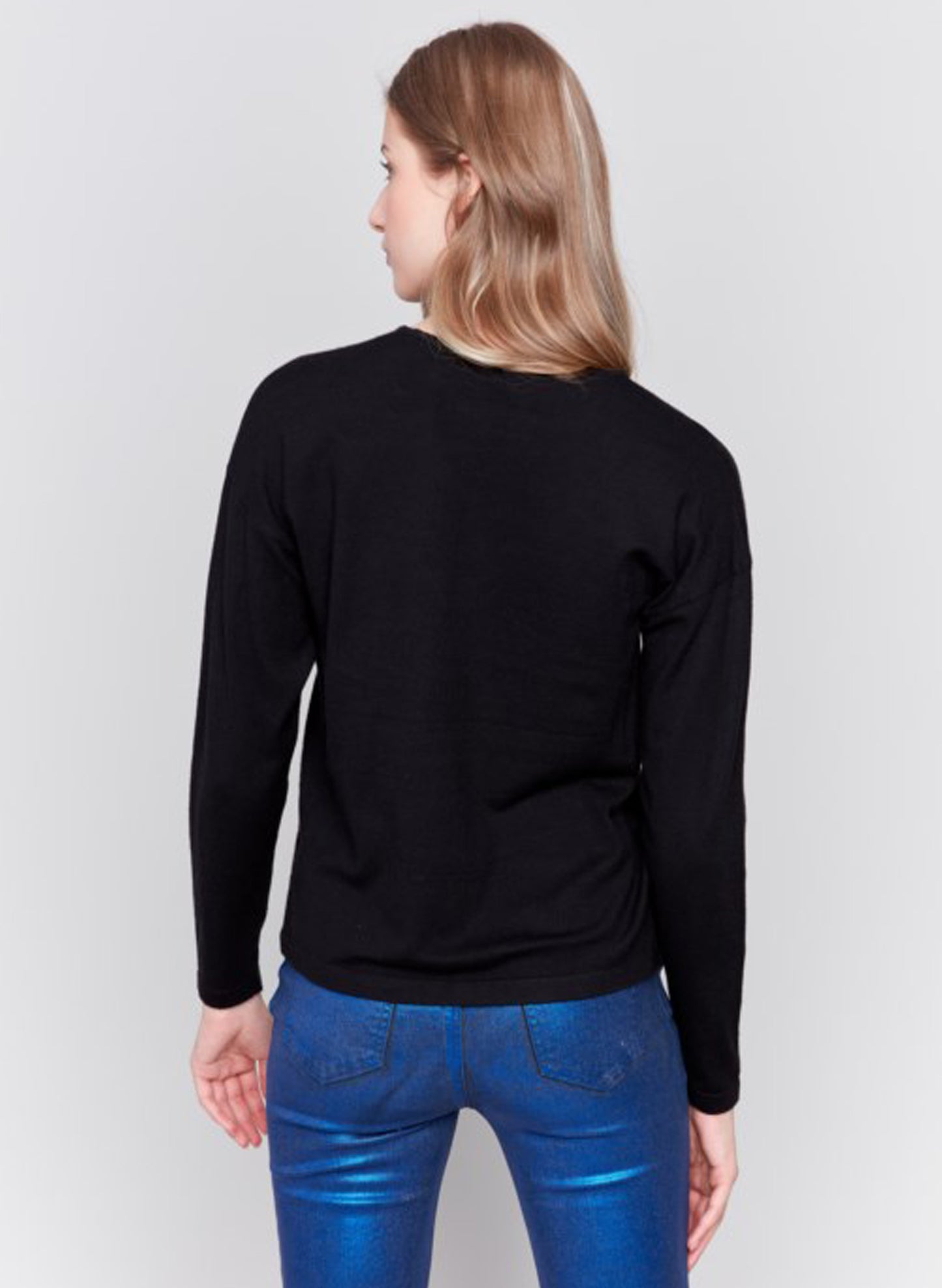 Charlie B Charlie B - Heart Embroidered V-Neck Sweater - Black available at The Good Life Boutique