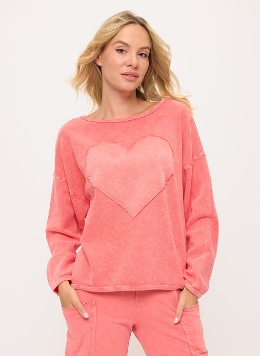 Cotton Lani Heart Patch Sweatshirt - Coral available at The Good Life Boutique