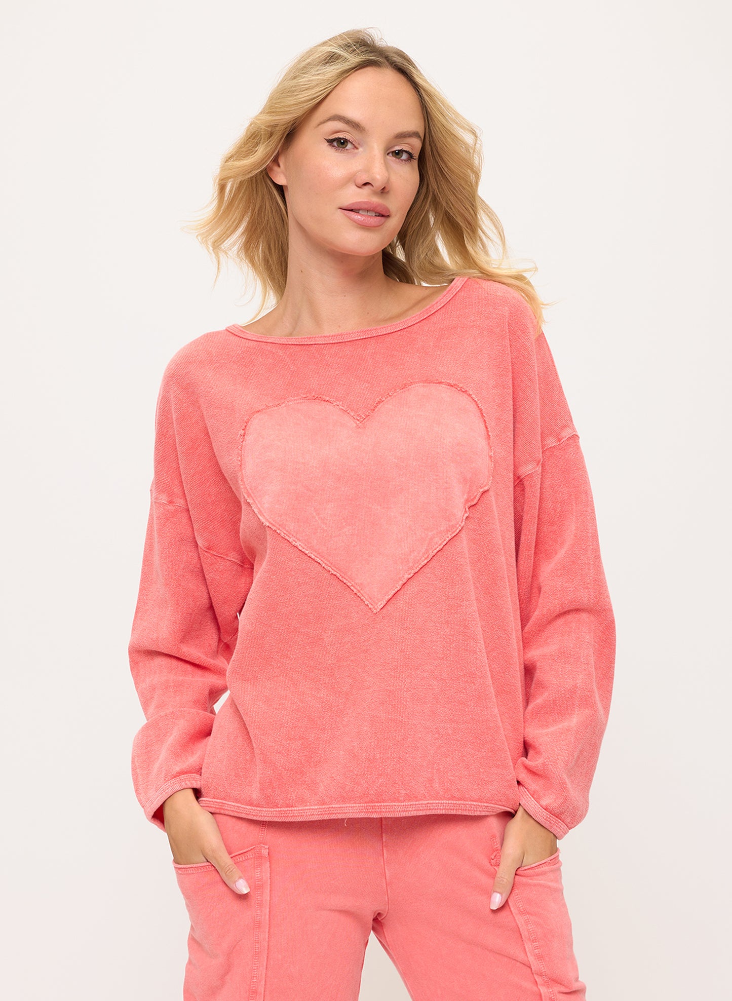 Cotton Lani Heart Patch Sweatshirt - Coral available at The Good Life Boutique