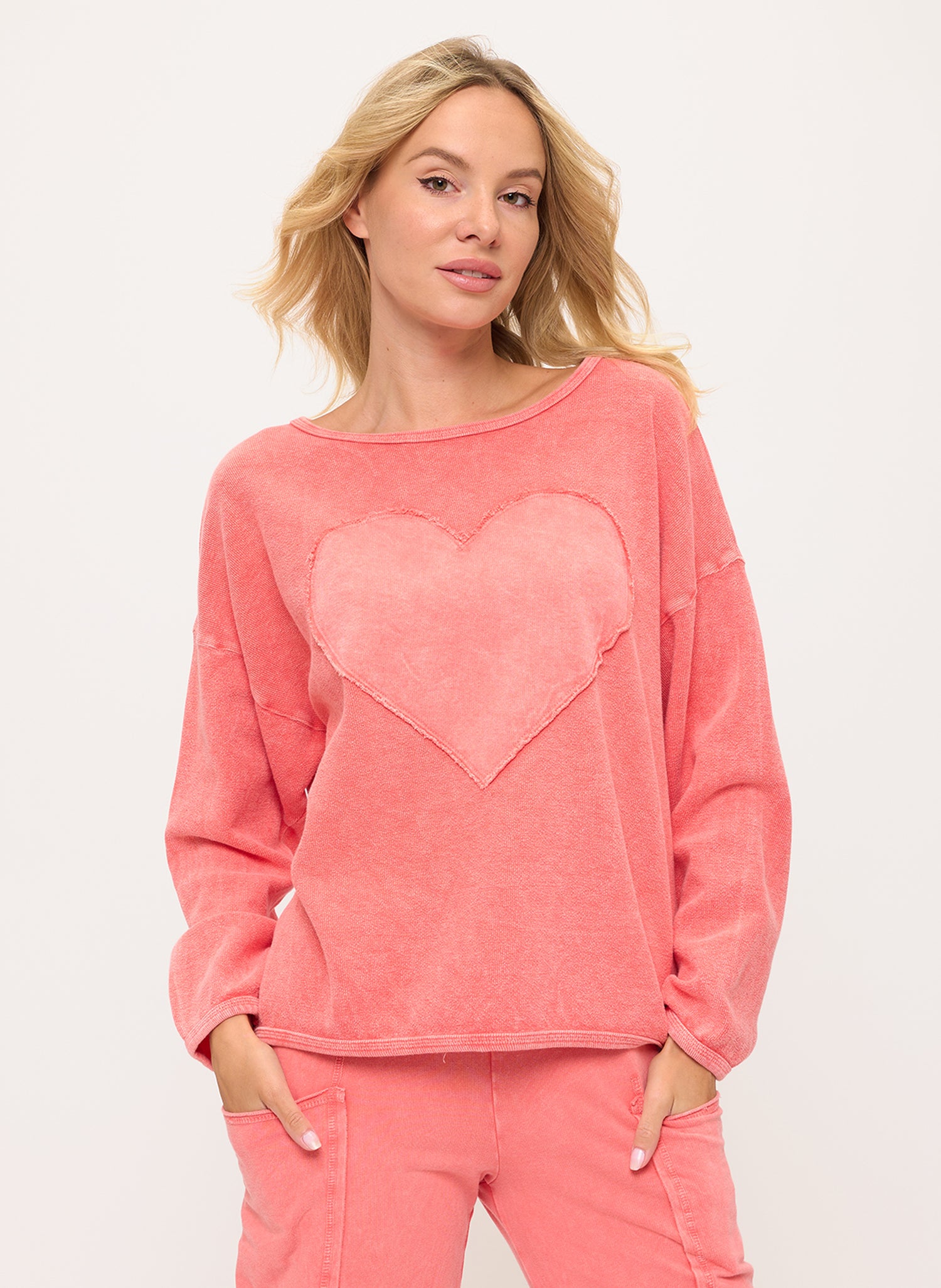 Cotton Lani Heart Patch Sweatshirt - Coral available at The Good Life Boutique