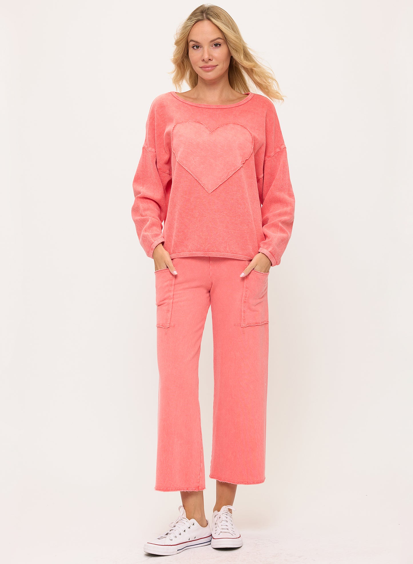 Cotton Lani Heart Patch Sweatshirt - Coral available at The Good Life Boutique
