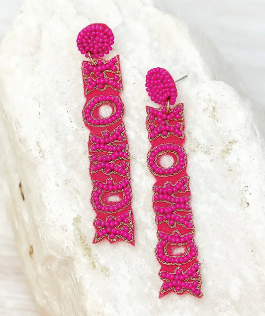Prep Obsessed Wholesale 'Howdy' Seed Bead Drop Earrings - Fuchsia available at The Good Life Boutique