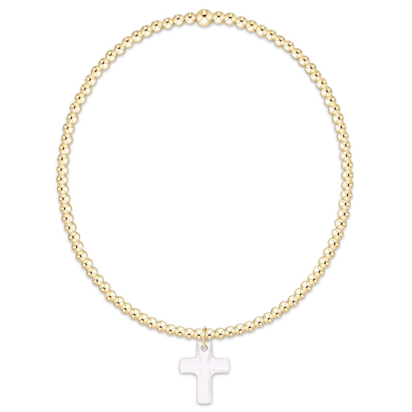 Gold beaded stretch bracelet featuring a white crystal cross charm pendant