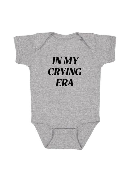 Love Bubby In My Crying Era Short Sleeve Grey Bodysuit available at The Good Life Boutique