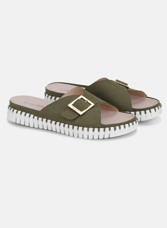 Lines of Denmark Ilse Jacobsen Tulip One Buckle W/White Sole - Deep Olive available at The Good Life Boutique