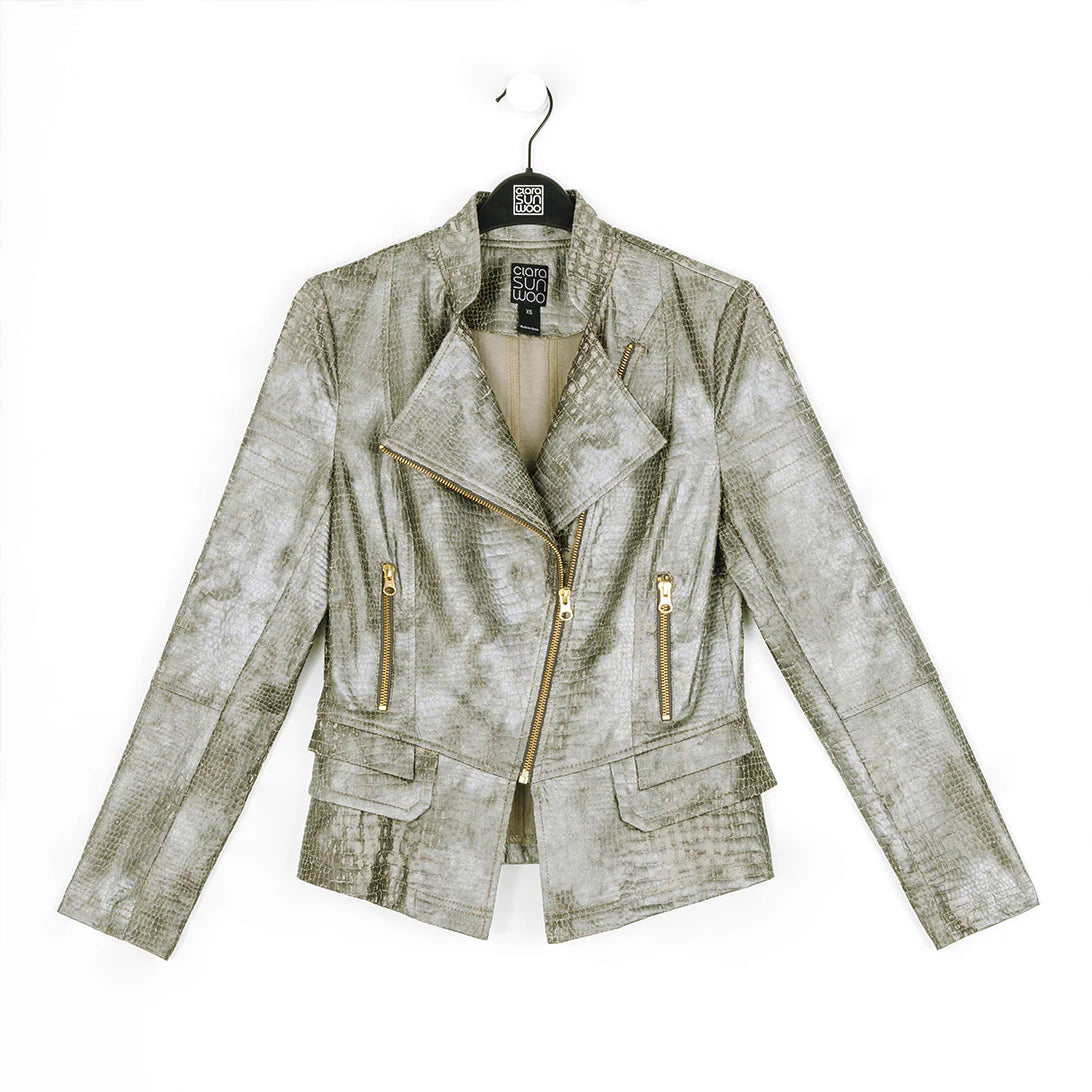 METALLIC PRINTED CROC LEATHER BIKER JACKET