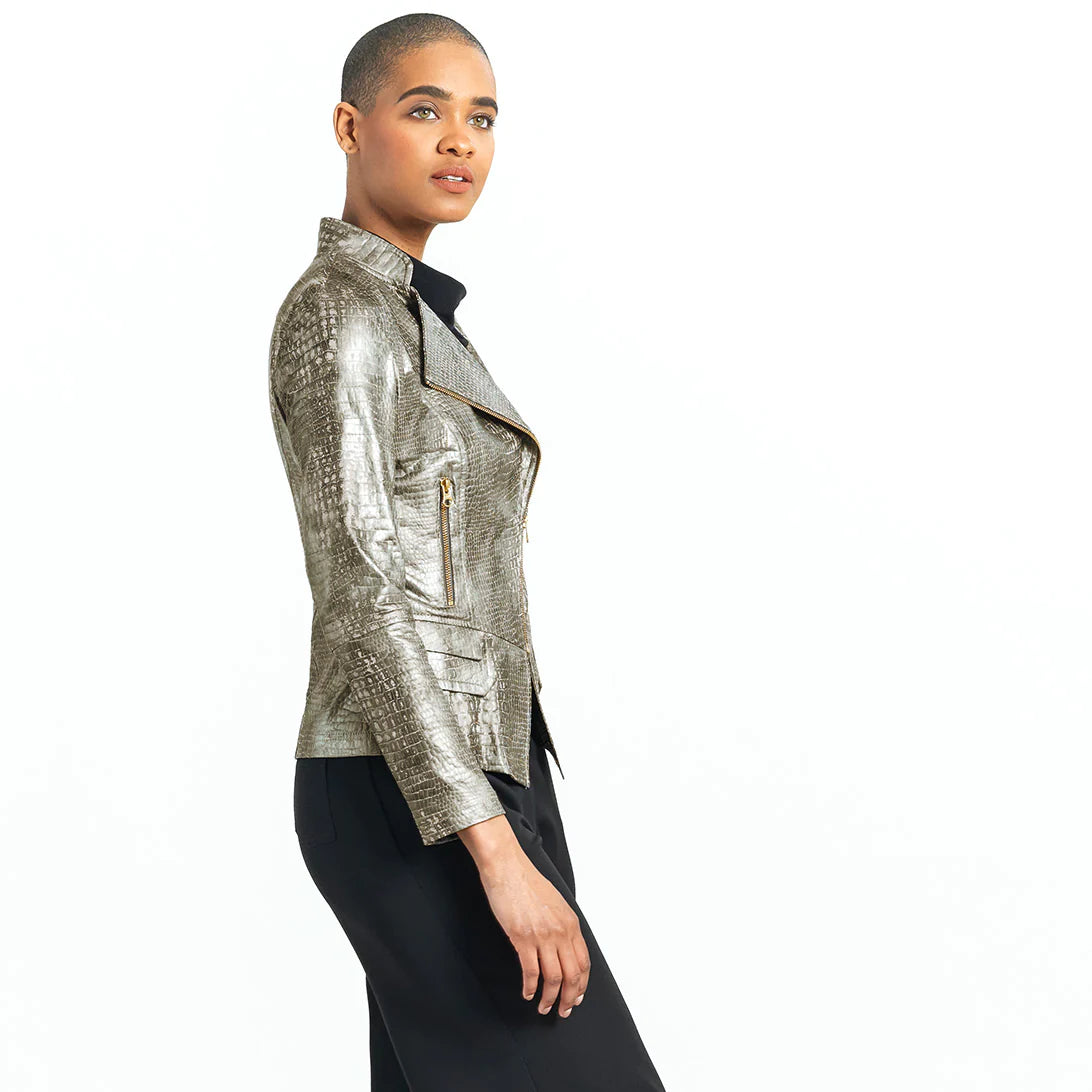 Clara Sunwoo Croc Print Liquid Leather Stretch Knit Biker Jacket