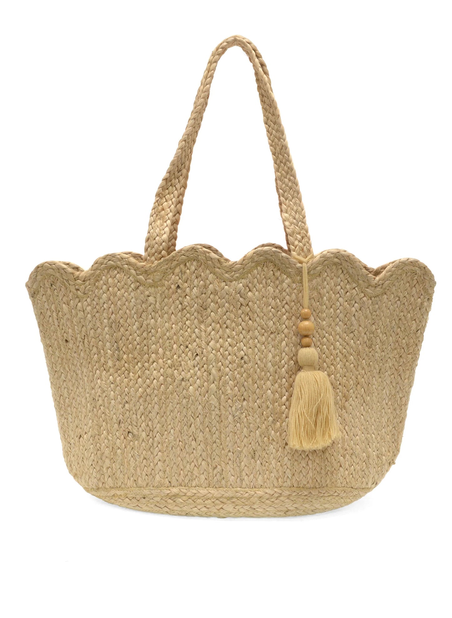 Joy Accessories Jovi Scalloped Hem Jute Tote w/Tassel available at The Good Life Boutique