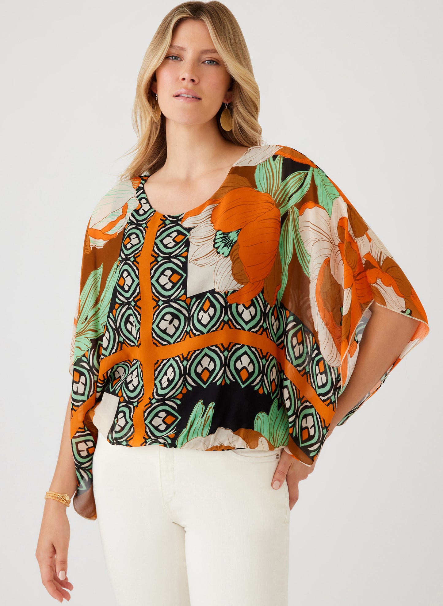 Karen Kane, Inc Karen Kane - Mango Tango Blson Scarf Top available at The Good Life Boutique