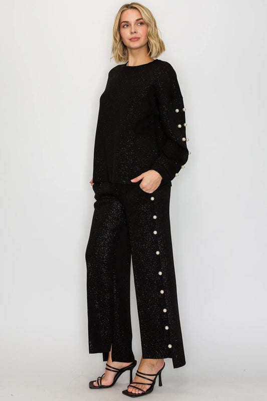 Katri French Scuba Pearl Top w/Glitter - Black