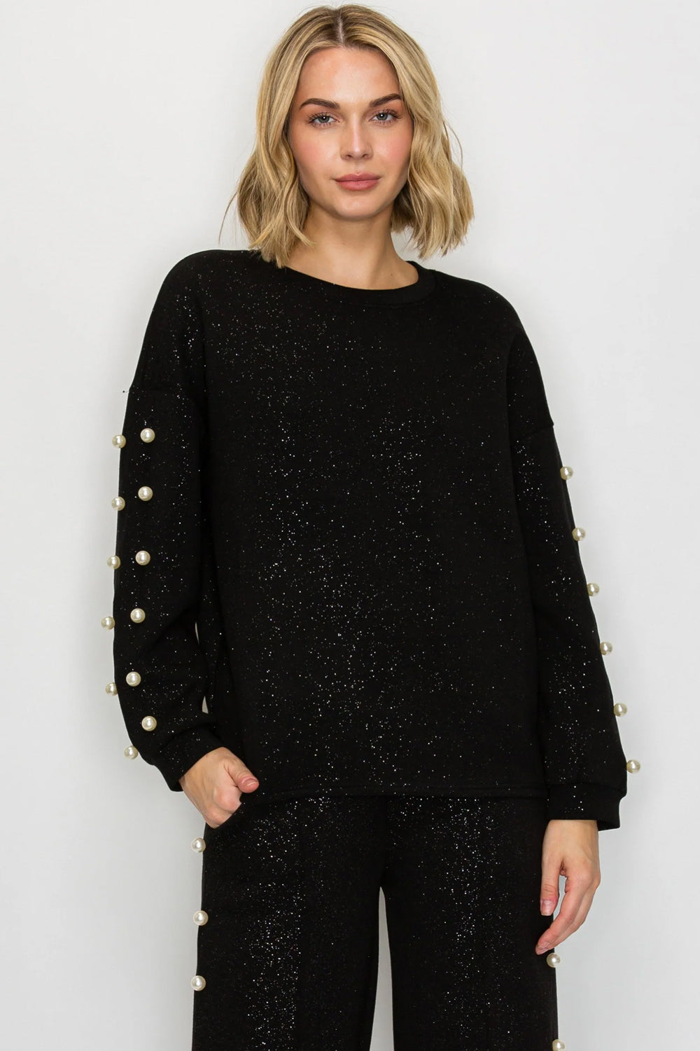 Katri French Scuba Pearl Top w/Glitter - Black