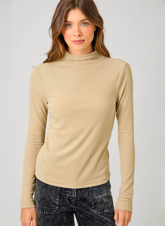 Mystree Knit Mock Neck Long Sleeve Top - Almond available at The Good Life Boutique