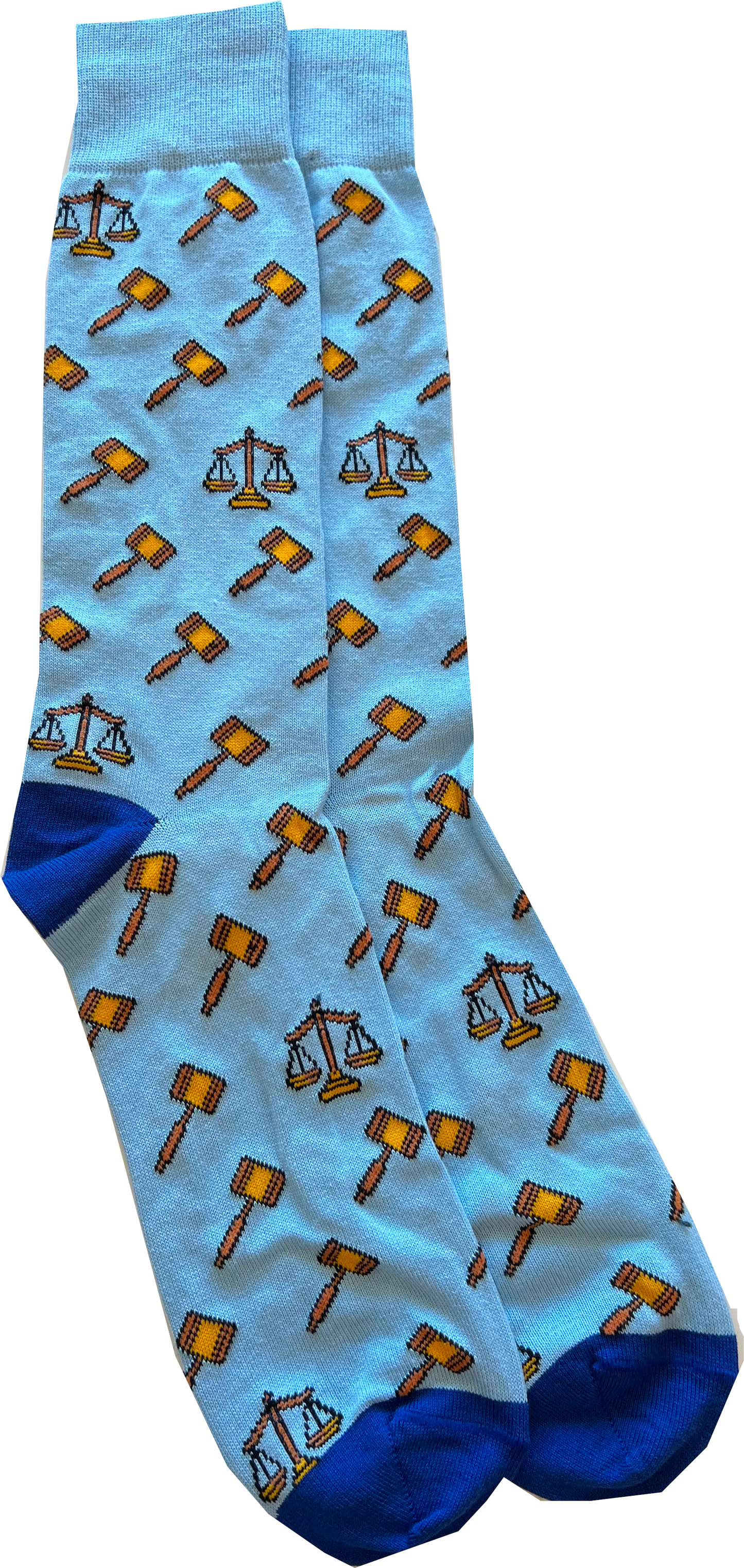 Light blue socks with legal themed pattern featuring gavels and scales of justice
