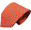 Orange silk tie with small white and black bull head pattern arranged in diagonal rows