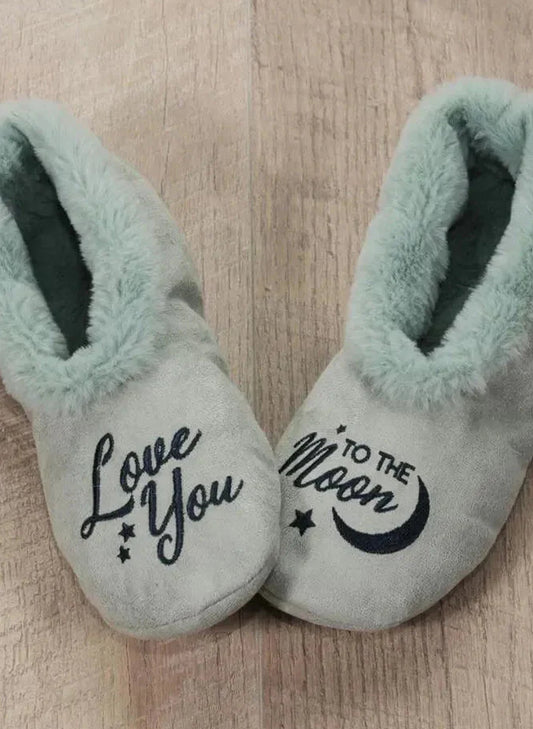 Faceplant Dreams Love You To The Moon fur-Lined Footsie - Aqua available at The Good Life Boutique