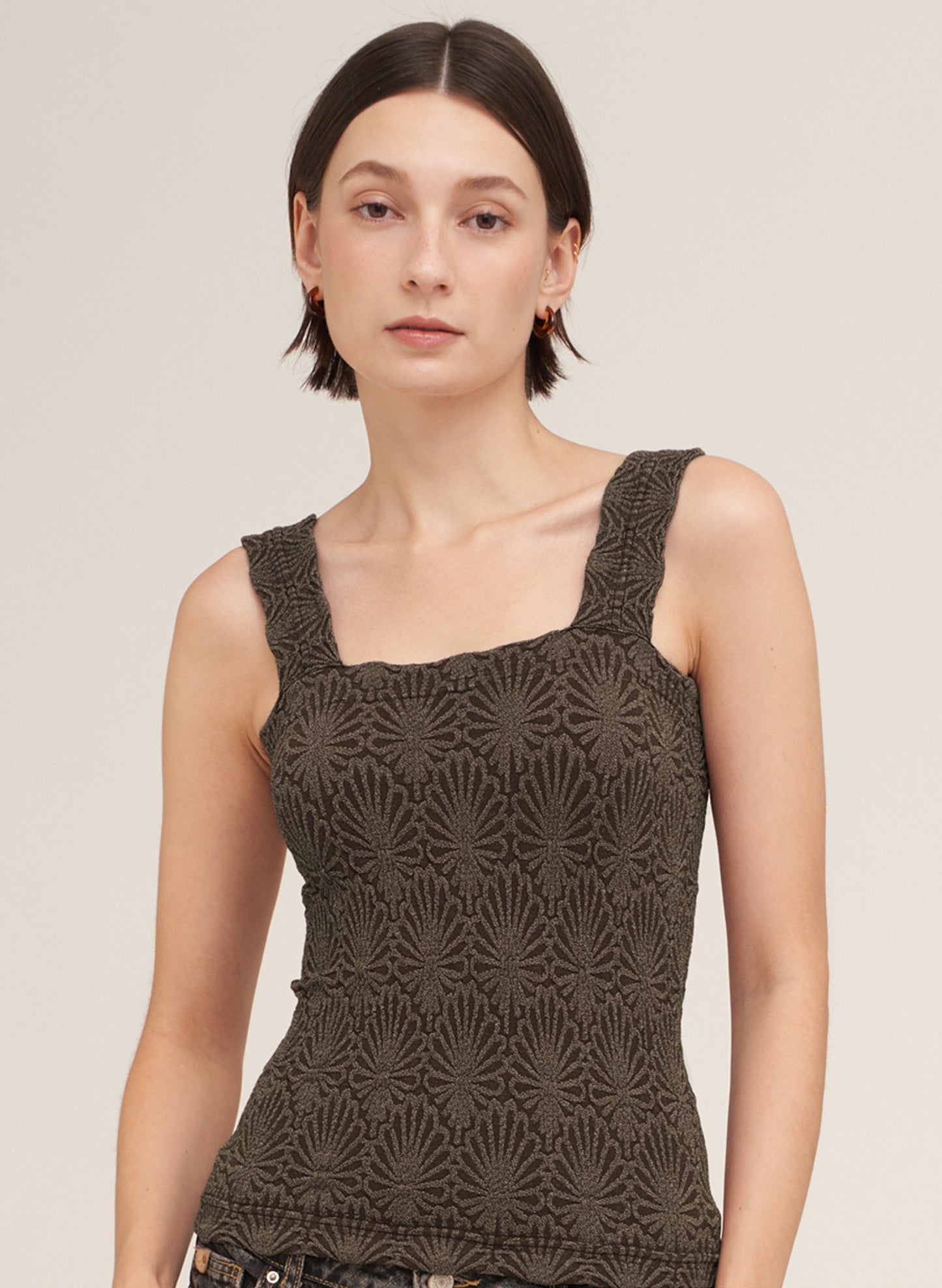Lace Textured Square Top - One Size - Chocolate