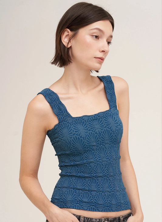 NIKIBIKI Lace Textured Square Top - One Size - Deep Sea Blue available at The Good Life Boutique