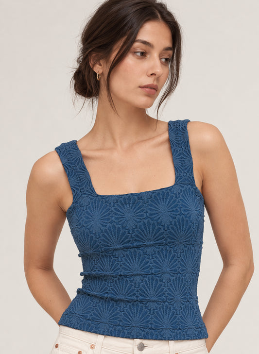 NIKIBIKI Lace Textured Square Top - One Size - Deep Sea Blue available at The Good Life Boutique