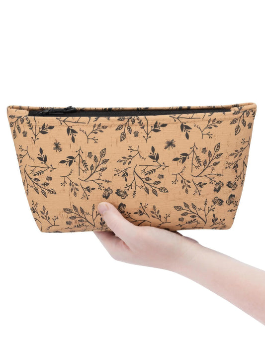 Large Cork Zipper Pouch - Black Floral Print