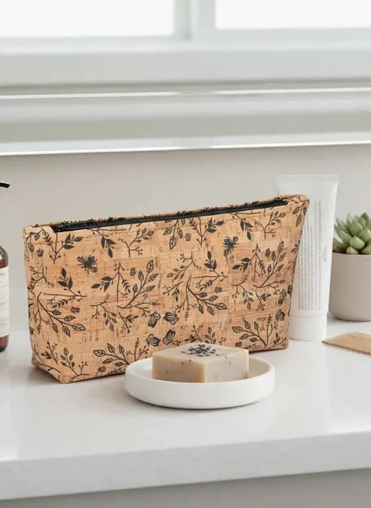 Large Cork Zipper Pouch - Black Floral Print