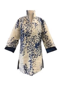 Grace Chuang Grace Chung Long Open JKT with Metallic Leopard Print Ivory/Blue available at The Good Life Boutique
