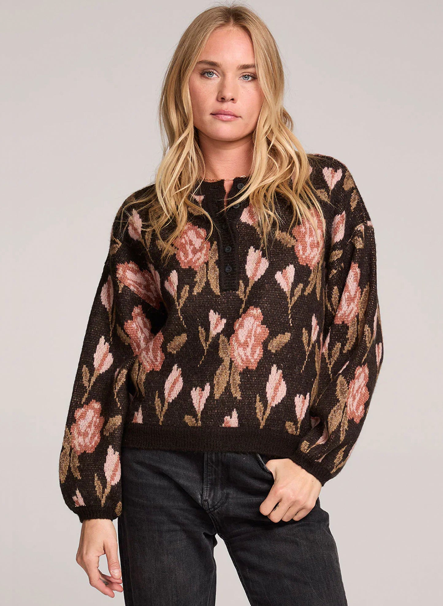 Long Sleeve Sweater - Black - Roses