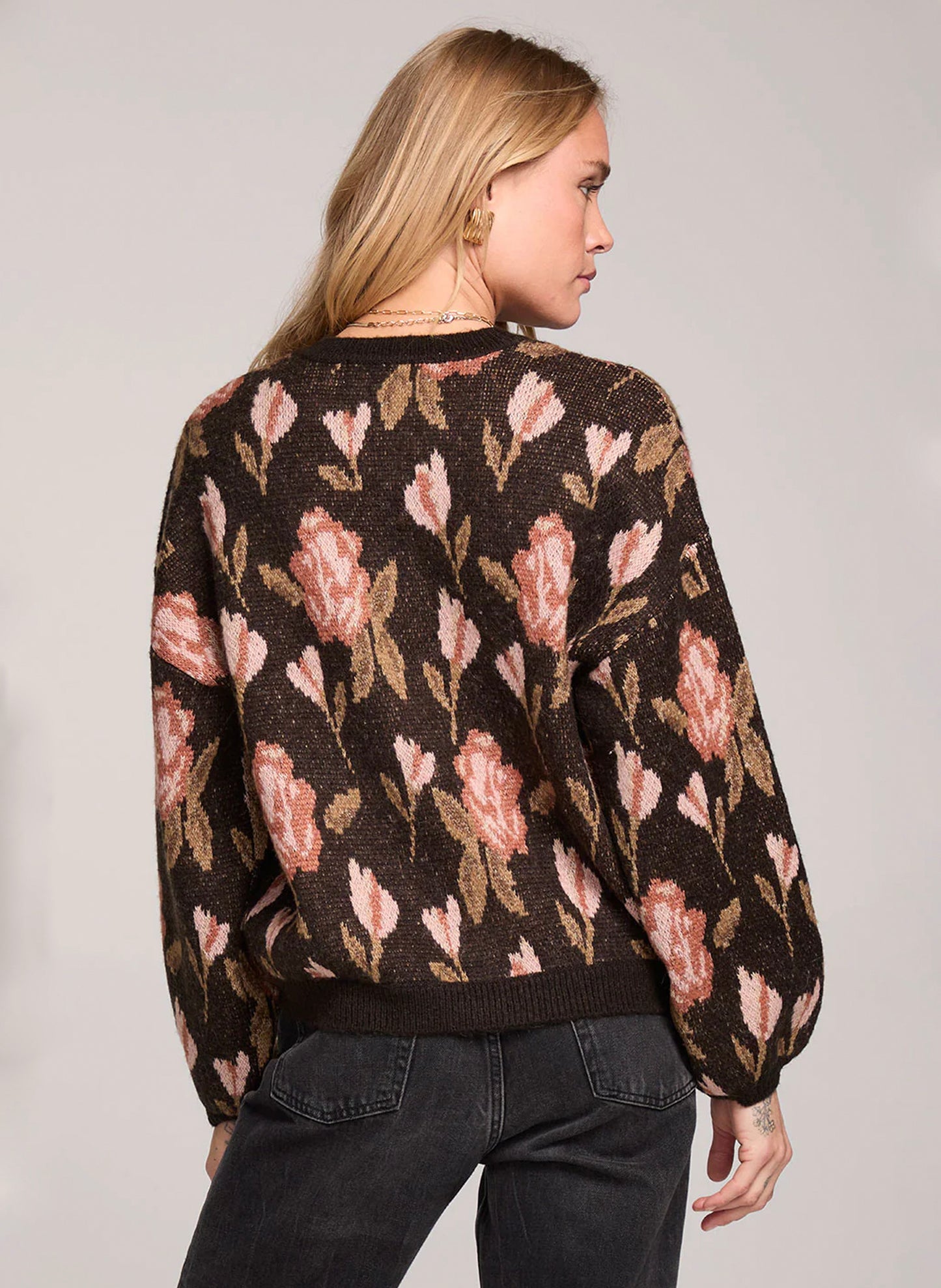Long Sleeve Sweater - Black - Roses