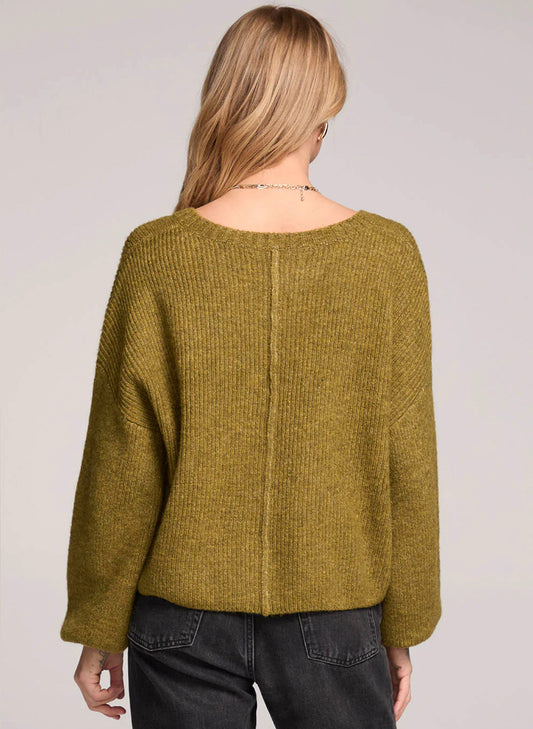 Saltwater Luxe Saltwater Luxe Sofiya Long Gigot Sleeved Cardigan Sweater - Olive available at The Good Life Boutique