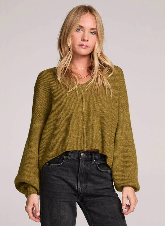 Saltwater Luxe Saltwater Luxe Sofiya Long Gigot Sleeved Cardigan Sweater - Olive available at The Good Life Boutique