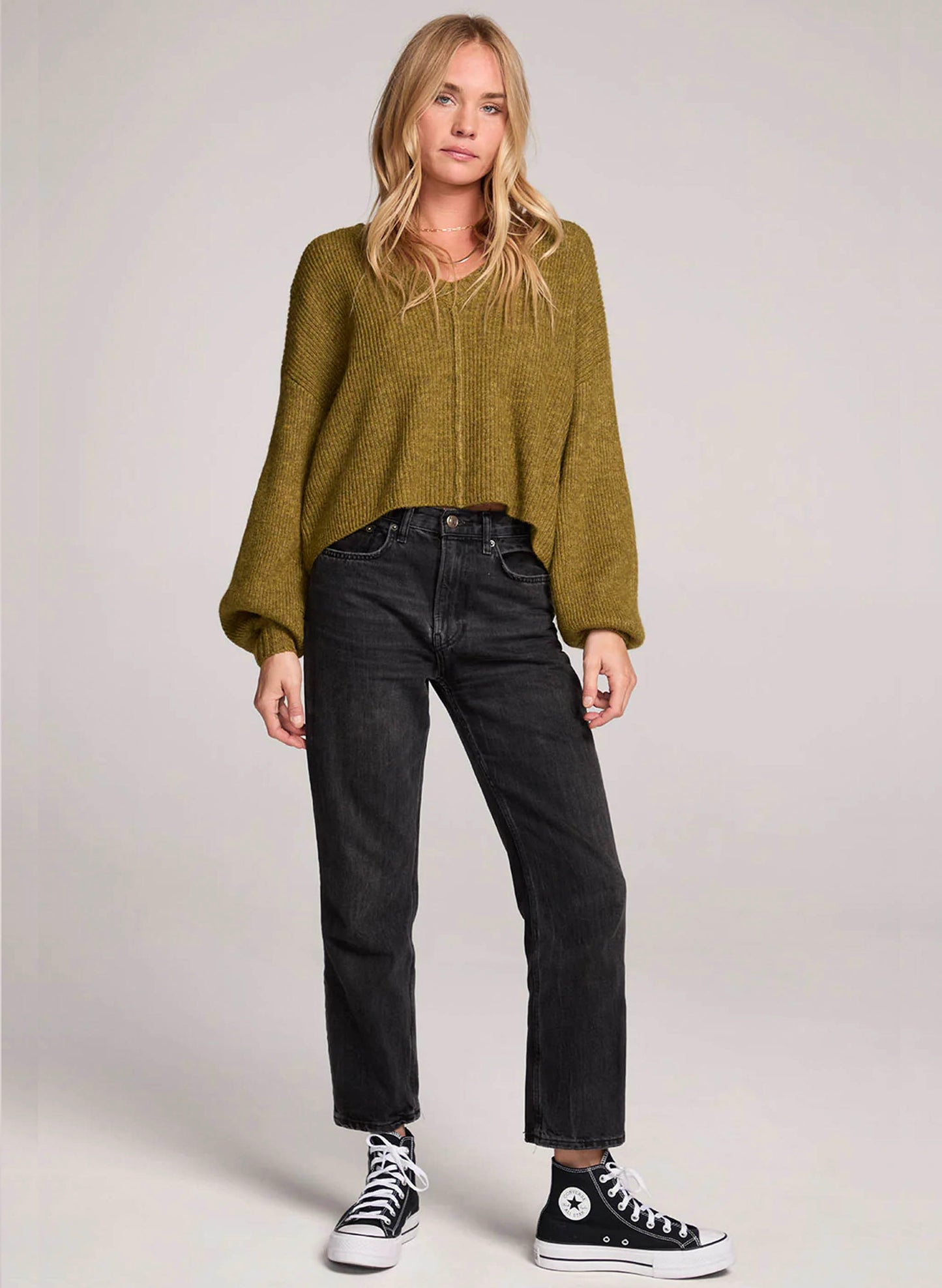 Saltwater Luxe Saltwater Luxe Sofiya Long Gigot Sleeved Cardigan Sweater - Olive available at The Good Life Boutique