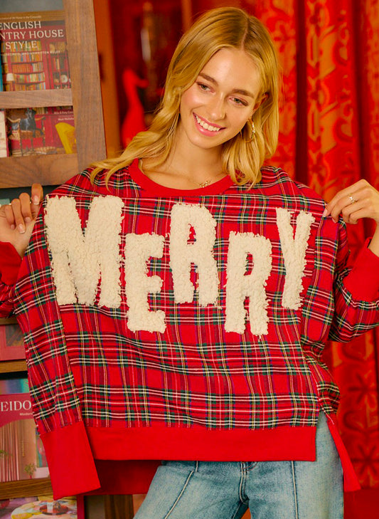Merry Letter Patches Christmas Plaid Sweatshirt