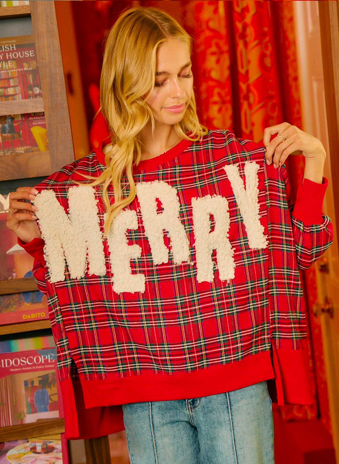 Merry Letter Patches Christmas Plaid Sweatshirt