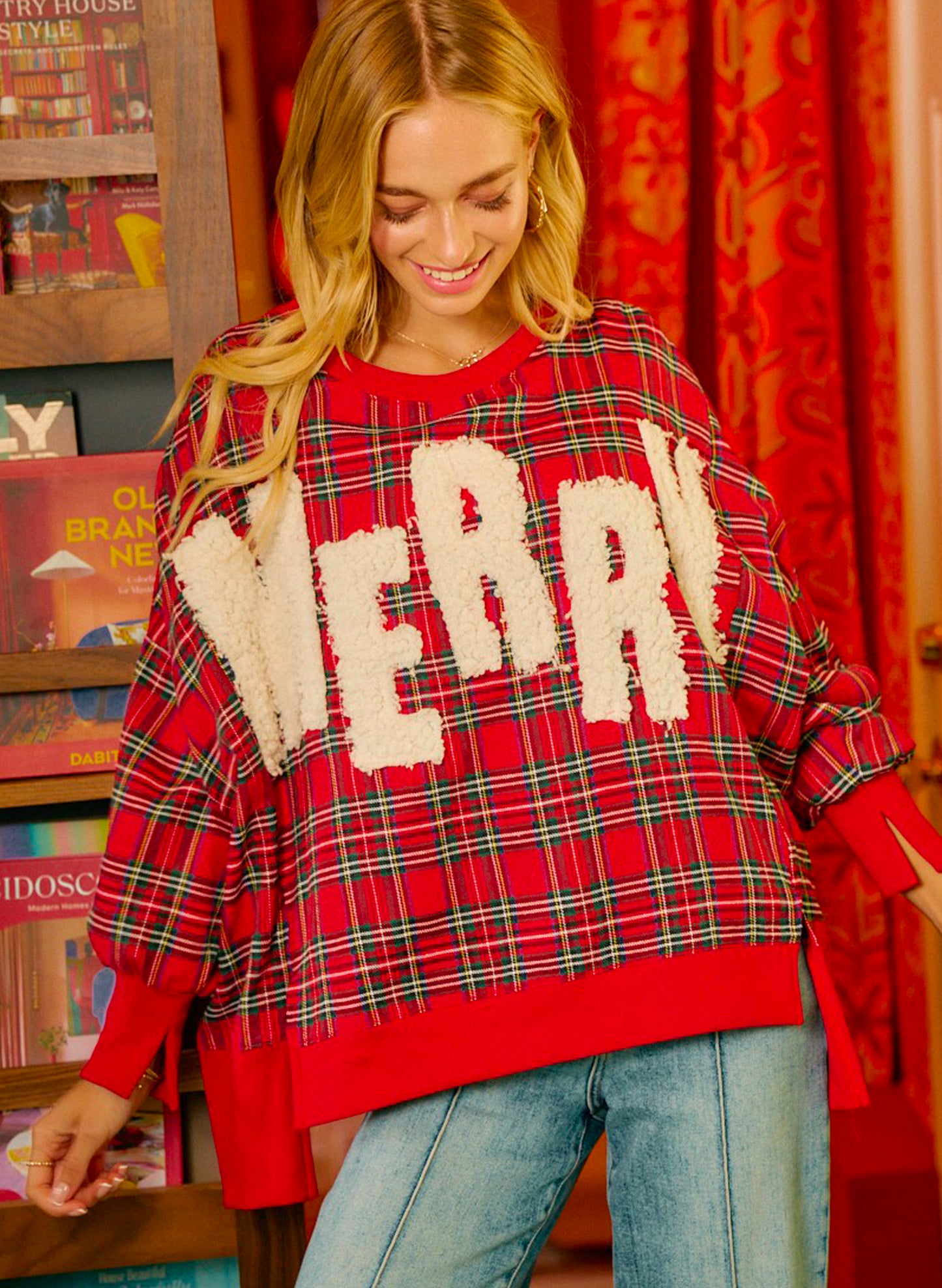 Merry Letter Patches Christmas Plaid Sweatshirt