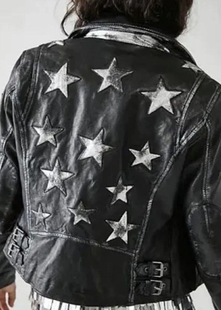 Mauritius Mauritius - Christy RF Woman's Leather Jacket - Black & Metallic Silver Stars available at The Good Life Boutique