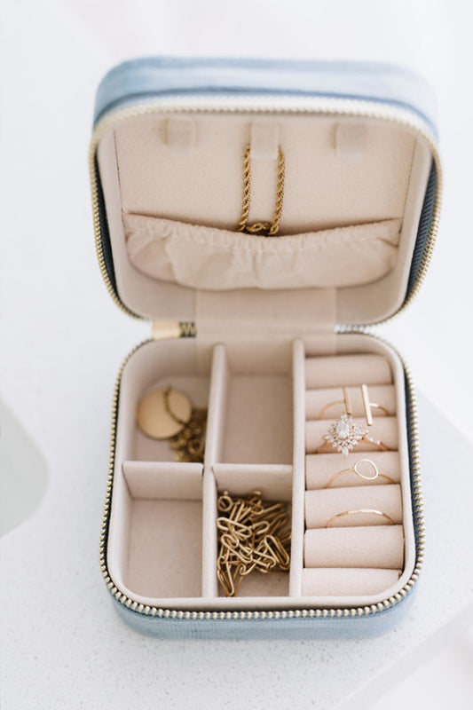 The Classy Cloth WS Mini Velvet Jewelry Case - Dusty Blue available at The Good Life Boutique