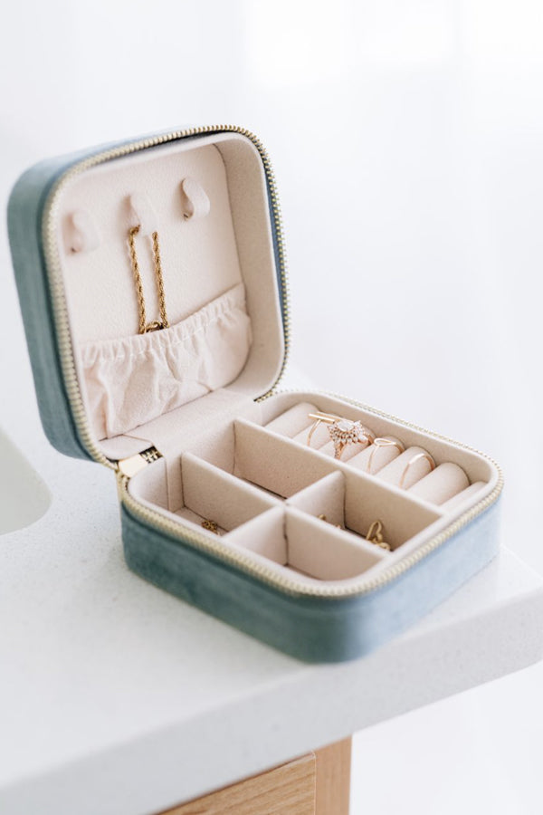 The Classy Cloth WS Mini Velvet Jewelry Case - Dusty Blue available at The Good Life Boutique