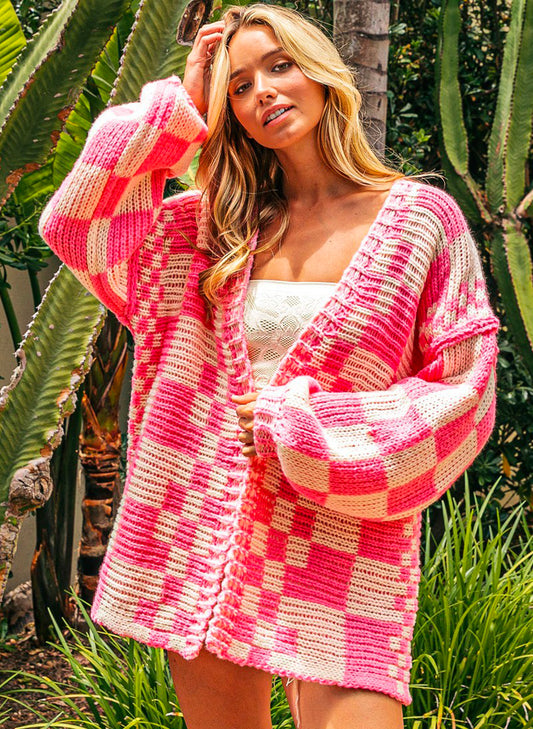 Bibi Clothing Mixed Check Pattern Loose Fit Chunky Cardigan - Neon Pink available at The Good Life Boutique