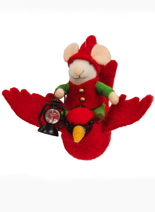 Bright Ideas Mouse On Flying Cardinal Felted Ornament available at The Good Life Boutique