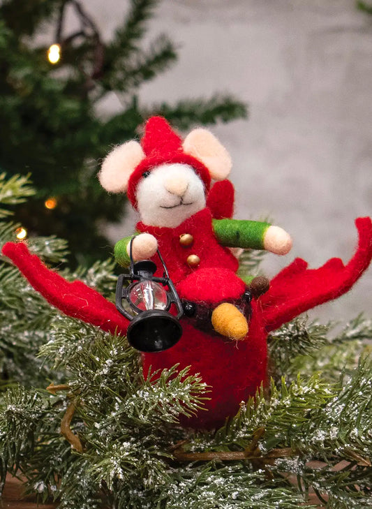 Bright Ideas Mouse On Flying Cardinal Felted Ornament available at The Good Life Boutique