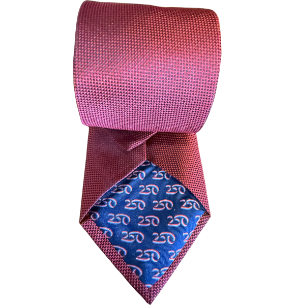 Pink necktie with blue interior panel showing repeated 250 pattern numbers