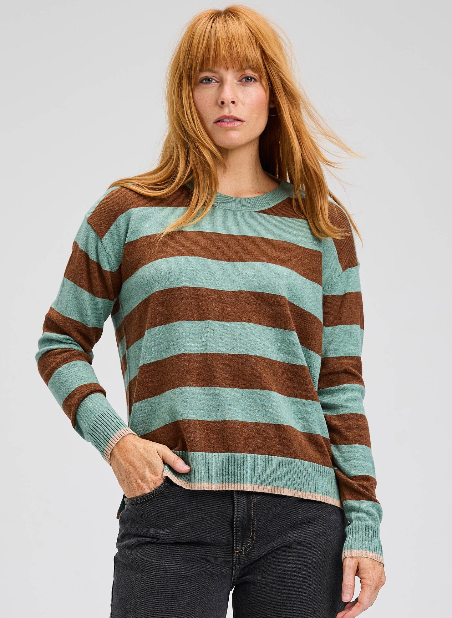 Zaket & Plover Zaket & Plover - Multi Stripe Crew - Moss available at The Good Life Boutique