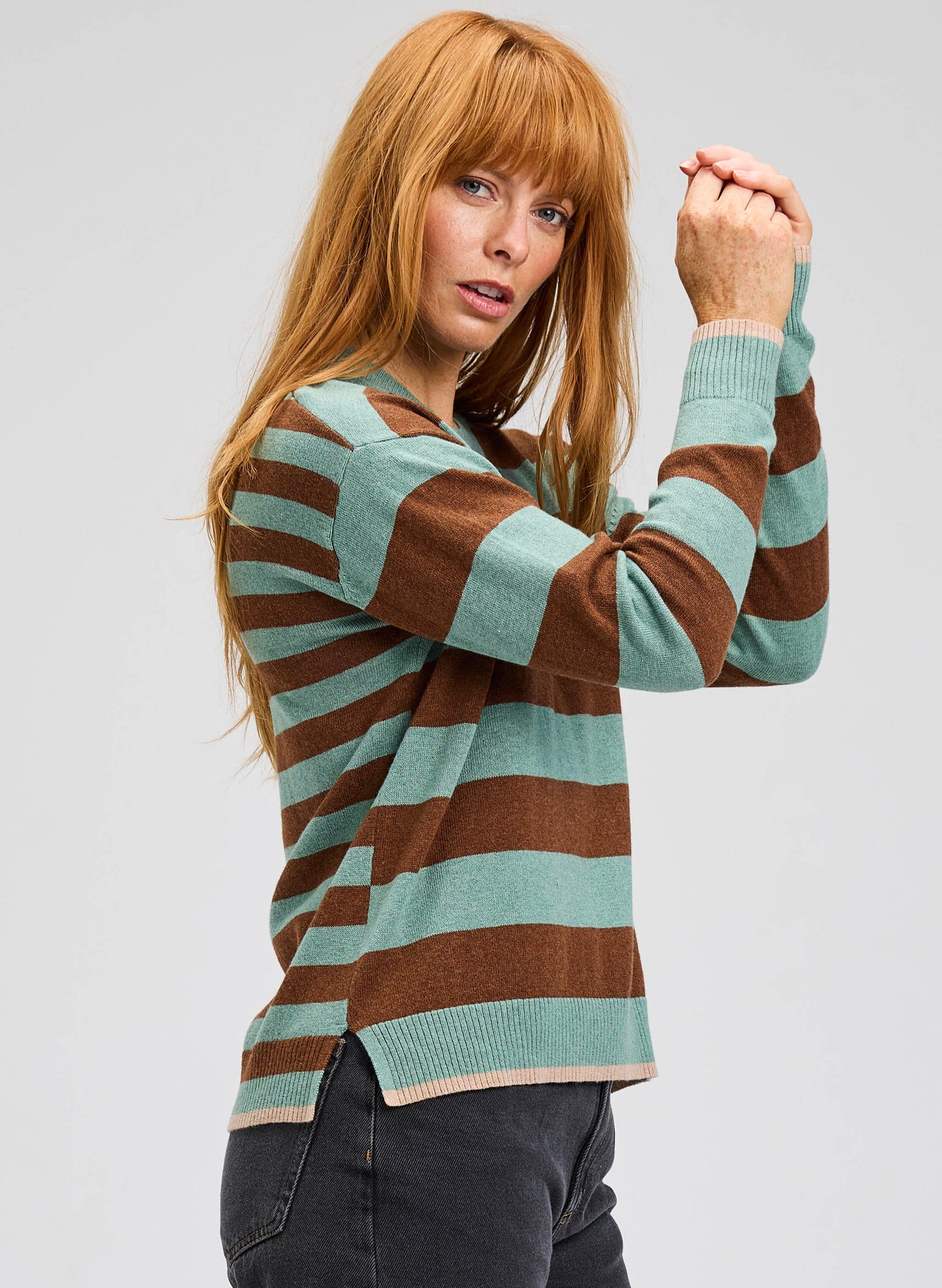 Zaket & Plover Zaket & Plover - Multi Stripe Crew - Moss available at The Good Life Boutique